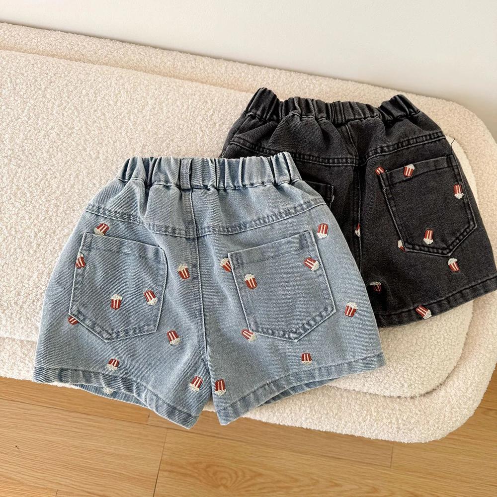 Shorts en jean d'été 2026 pour enfants (80-150 cm) – Broderie Popcorn, taille élastique, décontracté