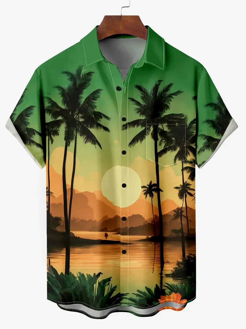 Chemise hawaïenne AMP Trees pour garçons, impression 3D, col coloré, chemise décontractée, manches c