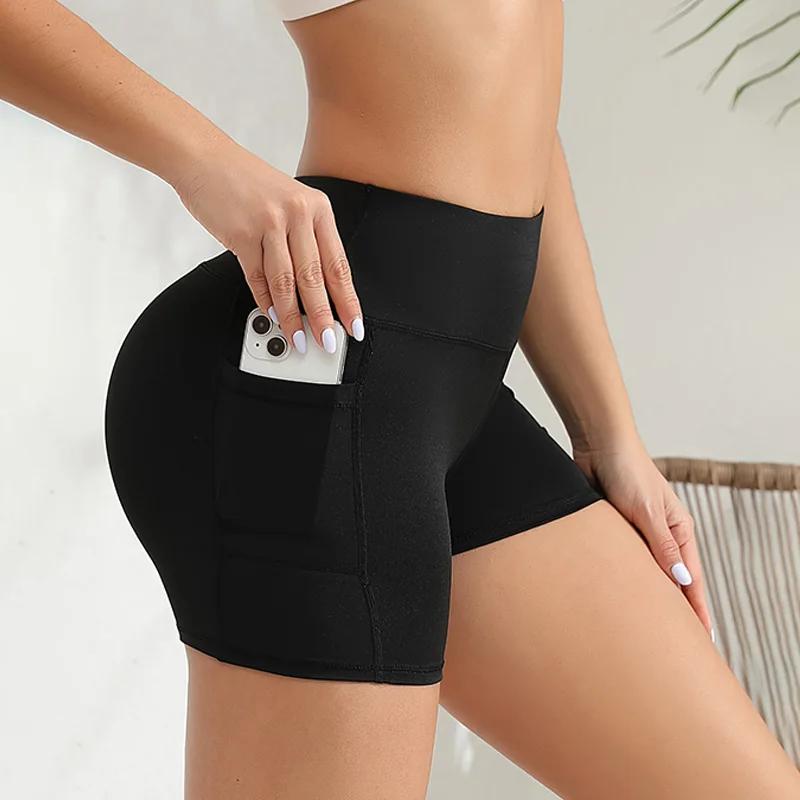 Short de yoga femme spandex taille haute avec poches pour entraînement confortable