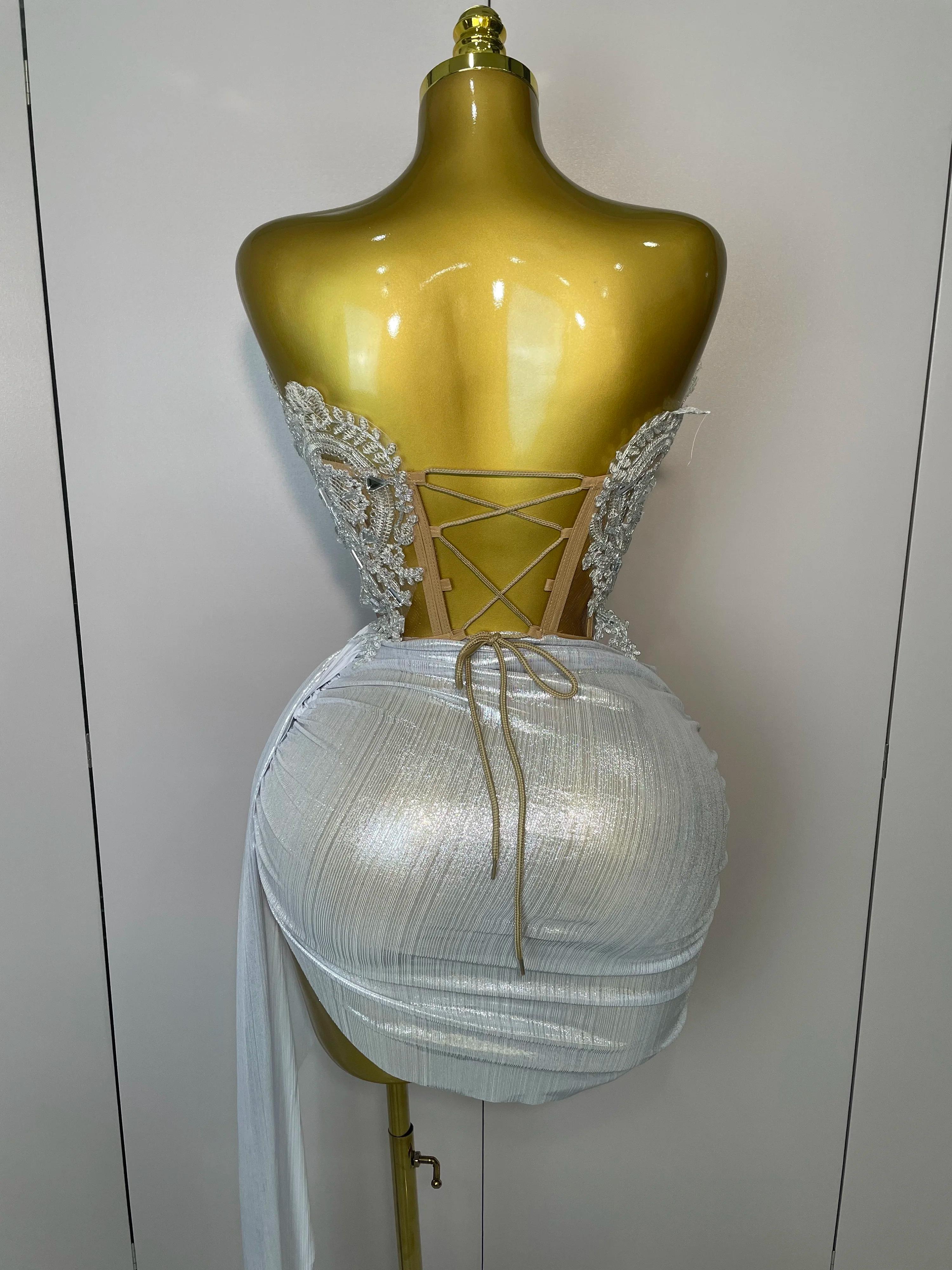 Robe courte sans bretelles à paillettes argentées scintillantes, ensemble de 2 pièces pour femmes, f