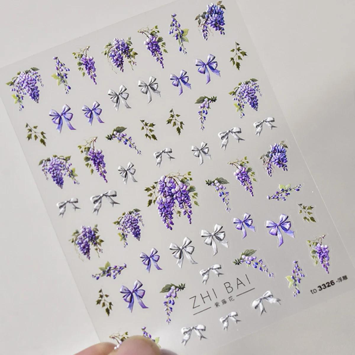 Autocollants 5D de fleurs de glycine violette pour nail art, 1 pièce, adhésif de transfert, décorati