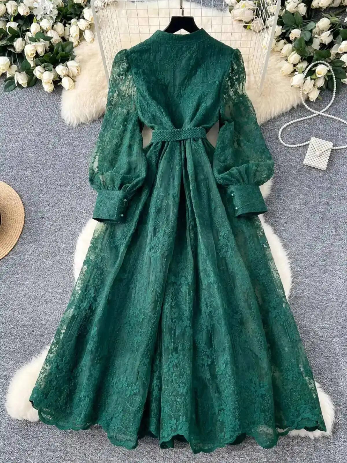 Robes formelles brodées de luxe pour femmes, lanterne d'été et d'automne, manches longues, dentelle,