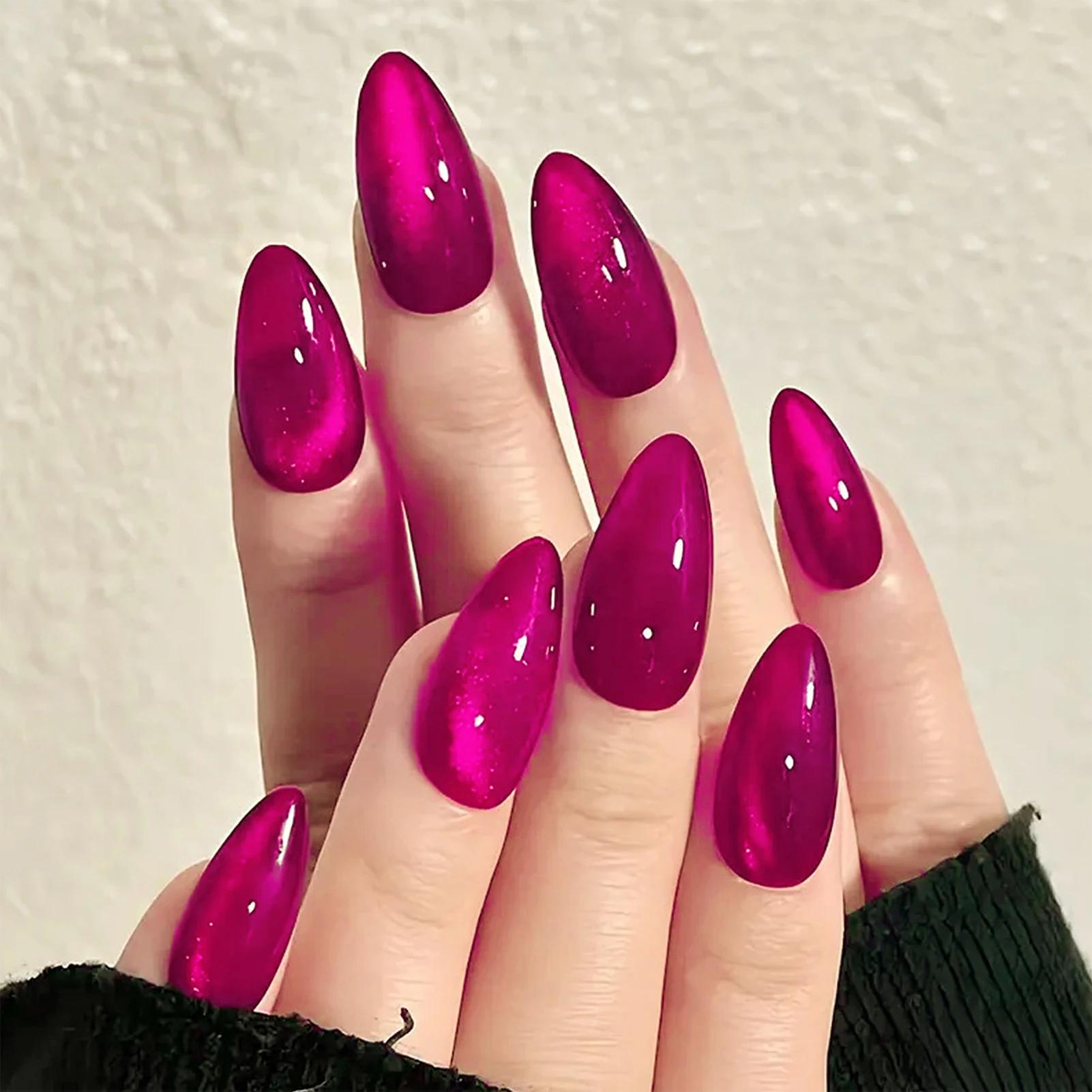 Faux ongles en forme d'oeil de chat rouge Rose, amande, manucure Simple, DIY, 24 pièces, à pression,