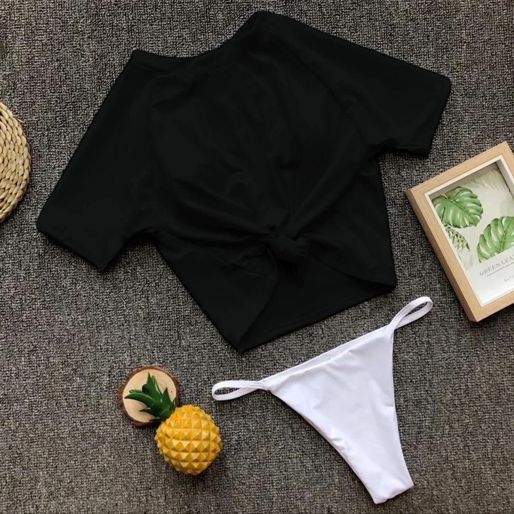 Maillot de bain deux pièces sexy 4 couleurs pour femme, à manches courtes, noué, uni, tenue de plage