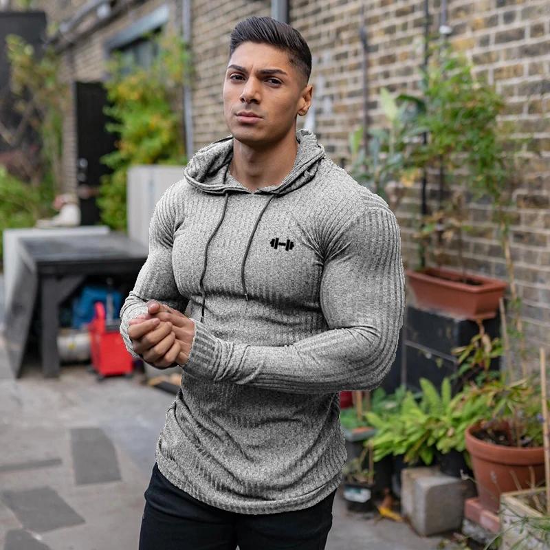 Printemps automne hommes course T-shirts à capuche mince côtelé tricoté sport chandails bande classi