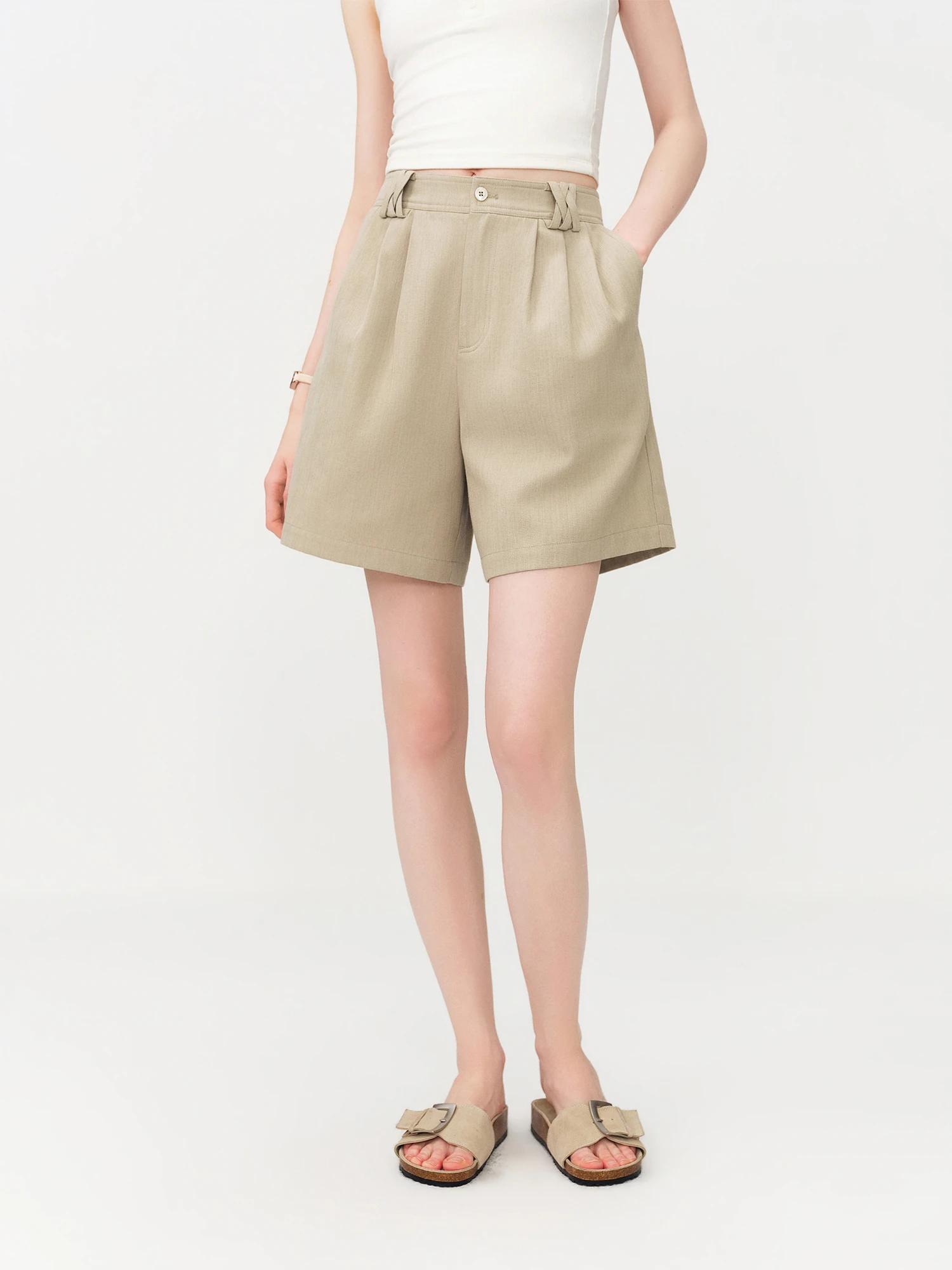 Shorts décontractés classiques en mélange de lin pour femme FSLE 2026 - Couleur unie, coupe régulièr