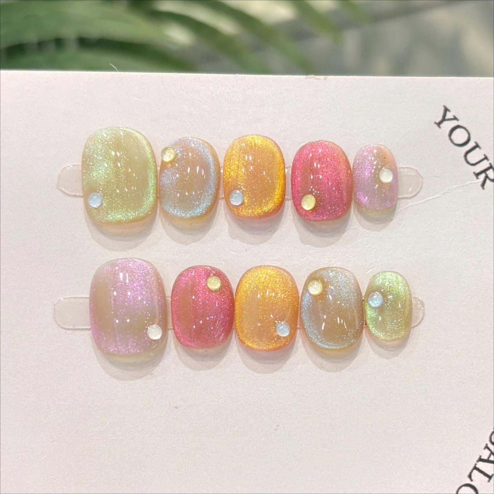 10 pièces oeil de chat presse à la main sur les ongles couleur bonbon faux ongles été mignon portabl