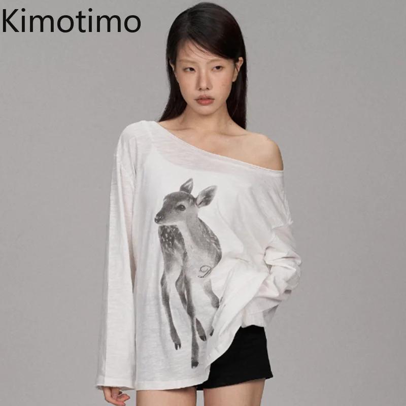 Kimotimo T-shirt Femme Été Imprimé Épaules Dénudées Manches Longues 2026 Nouveau Décontracté Transpa