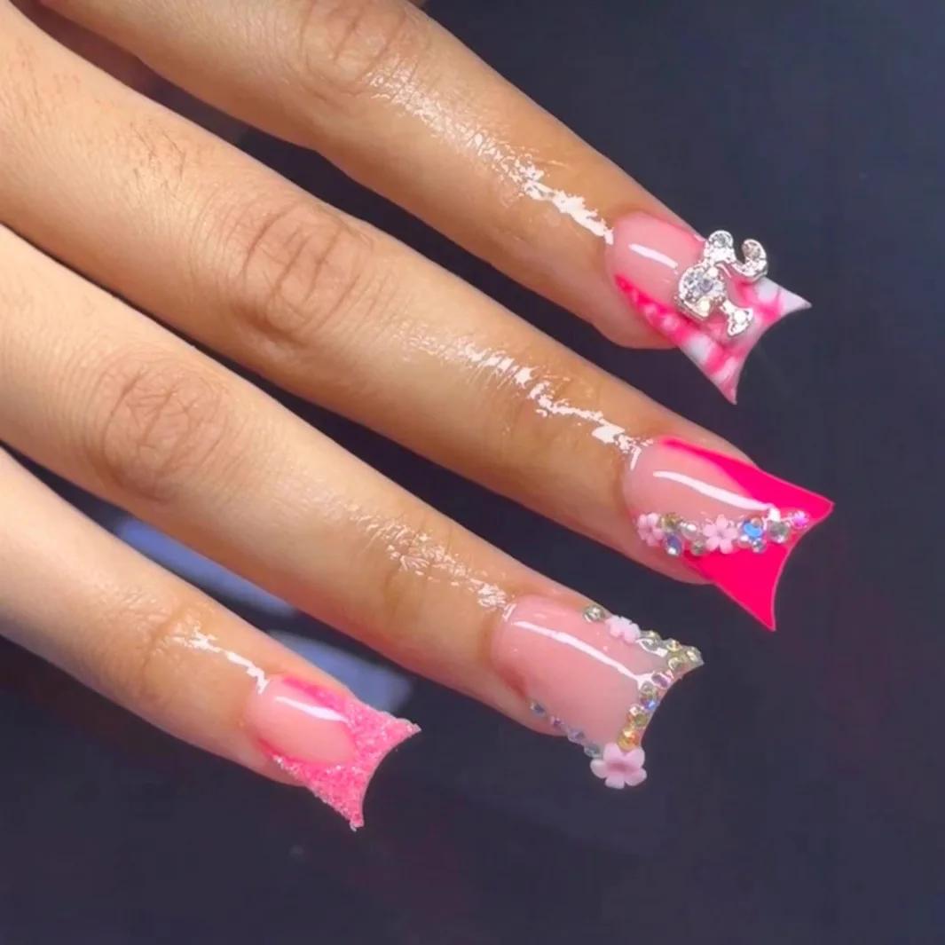Faux ongles en bec de canard détachables, imprimé léopard Y2k, rose, court, à pression, fleur, couve