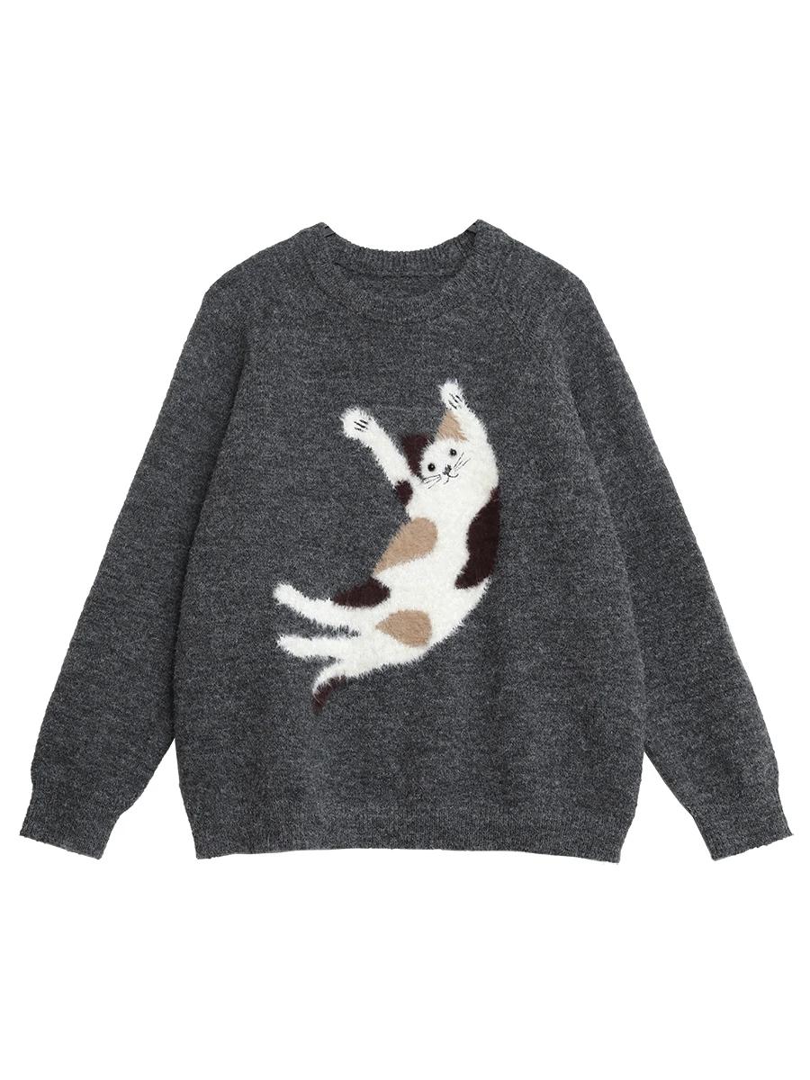 CHIC VEN femmes chandails ample décontracté O cou tricoté dessin animé chat chaud tricot pull femme