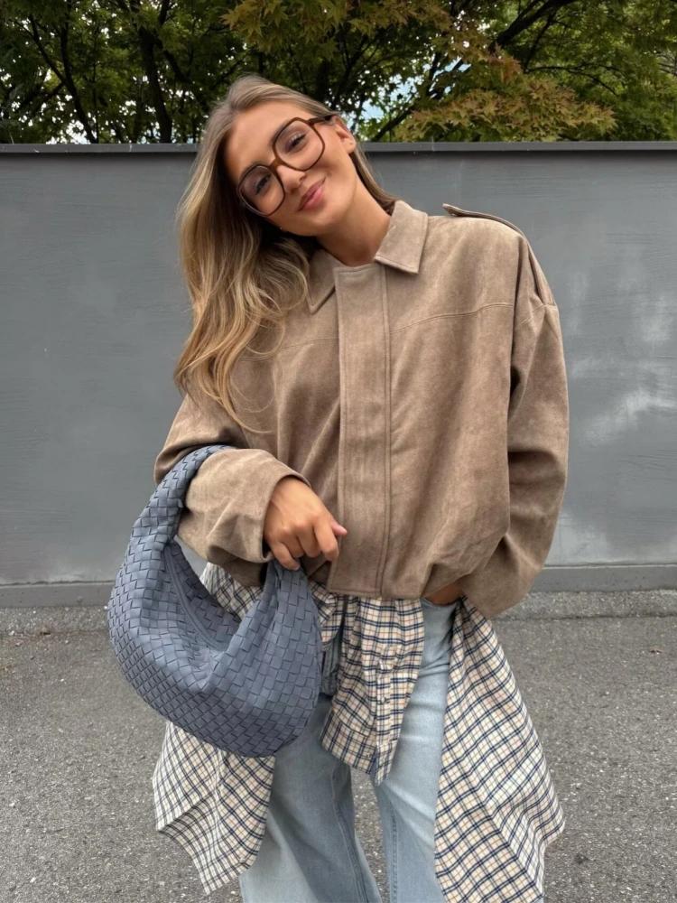 Veste en daim kaki pour femme, ample, décontractée, col rabattu, fermeture éclair, manteau épais, vê