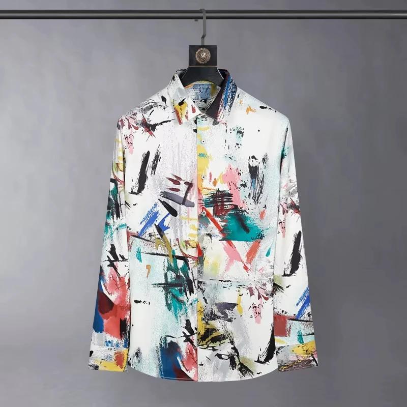 Chemise en polyester pour homme 2026 avec imprimé graffiti, manches longues, coupe ajustée, streetwe