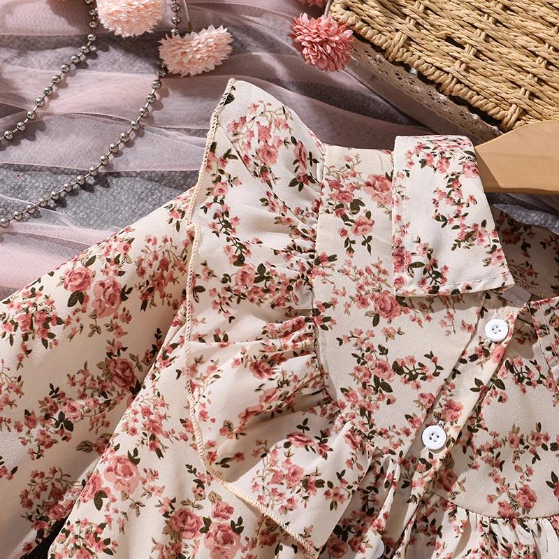 Robe de Style paysan pour filles de 8 à 12 ans, imprimé Floral, revers, ourlet en maille rose, douce