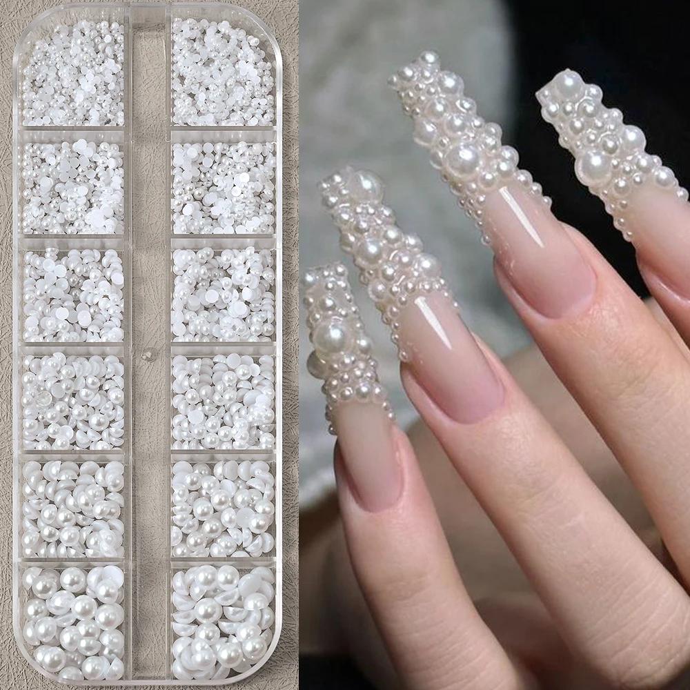12 grilles de perles blanches 3D, breloques pour ongles, 1.5-5mm, perles rondes/demi-rondes, strass,