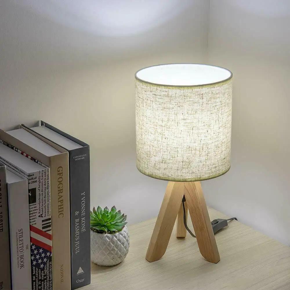 Lampe de Table en Bois et Lin pour Chambre à Coucher, Abat-Jour de oral et