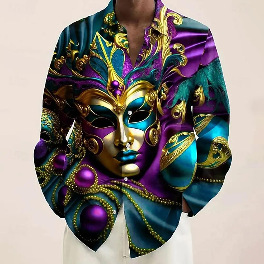 Mardi Gras hommes masque carnaval perles chemise boutonnée chemise à manches longues mode décontract