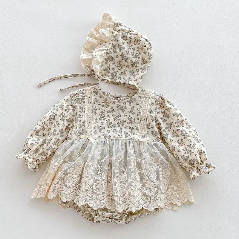 Body + chapeau pour nouveau-né fille, en coton imprimé, couture en dentelle, combinaison pour bébé f