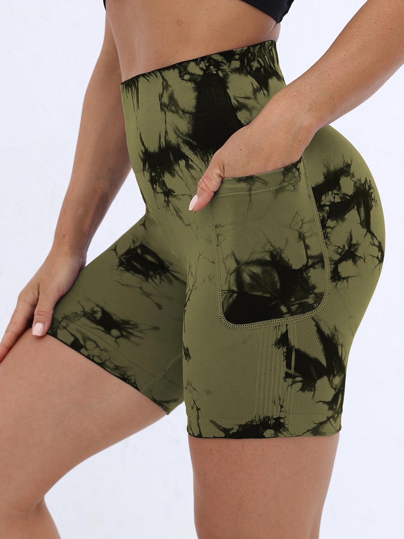 Short d'entraînement Tie Dye pour femmes avec poches, froissé, levage des fesses, taille haute, Yoga