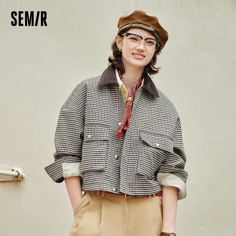 Semir veste femmes recadrée col tournant à la mode en vrac 2025 nouveau automne Plaid mode manteau
