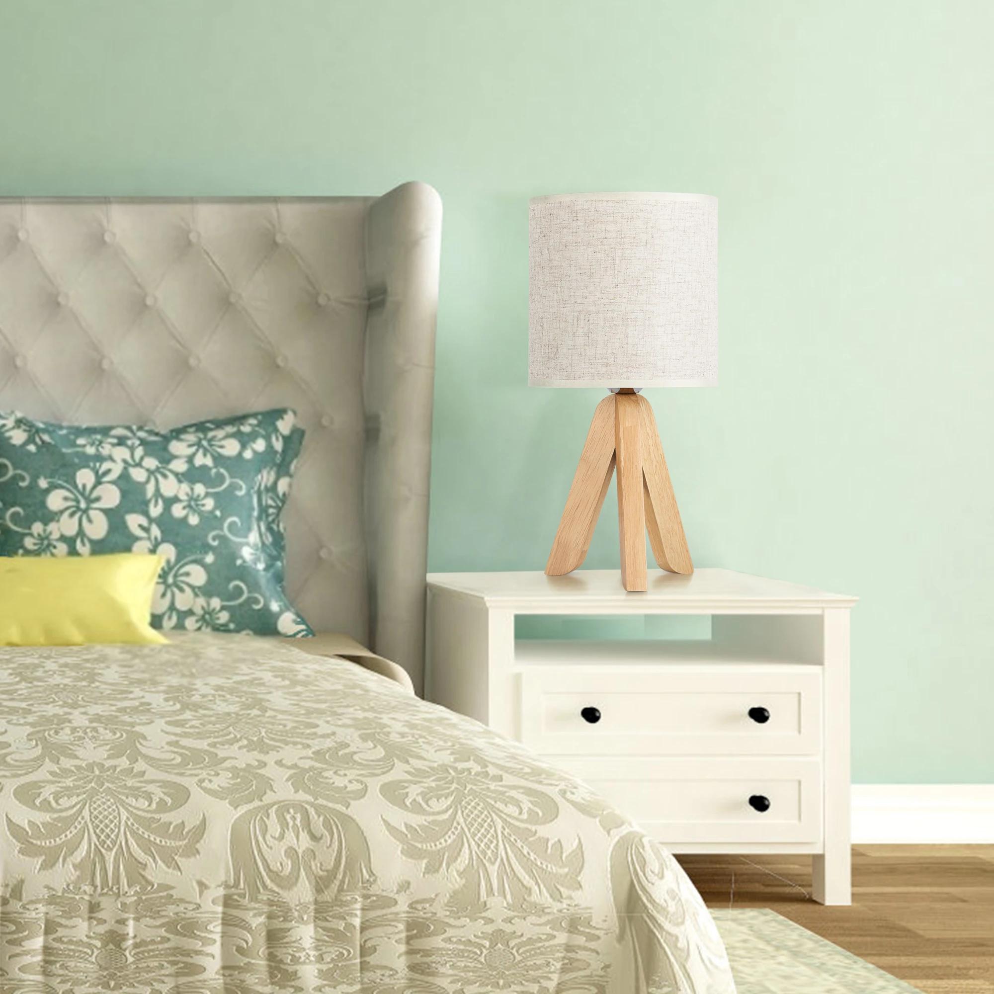 Lampe de Table en Bois et Lin pour Chambre à Coucher, Abat-Jour de oral et