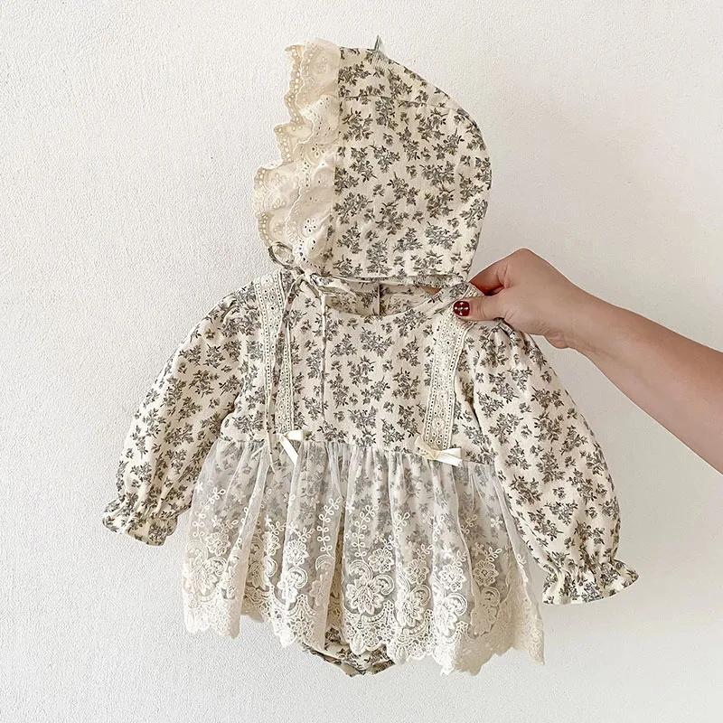 Body + chapeau pour nouveau-né fille, en coton imprimé, couture en dentelle, combinaison pour bébé f