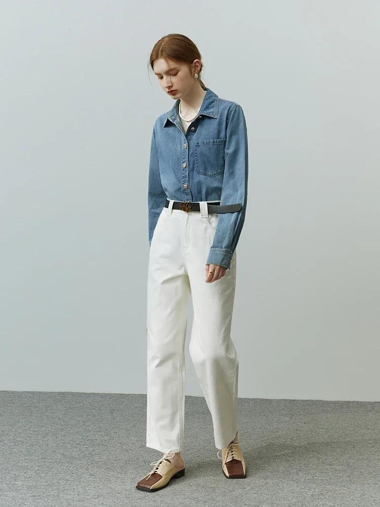 FSLE-Chemise en denim bleu doux pour femme, chemise à col en V empilable, chemise décontractée, chem
