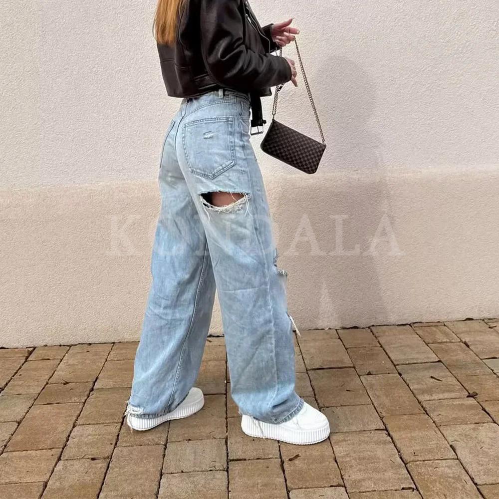 KONDALA 2026 Printemps-Été – Pantalon en jean élégant pour femme, coupe large, déchiré, idéal pour l