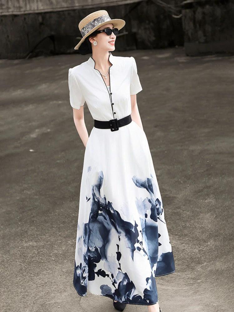 MEXCOCO 2026 Nouvelle collection été – Robe évasée élégante à manches courtes imprimé peinture à l'e