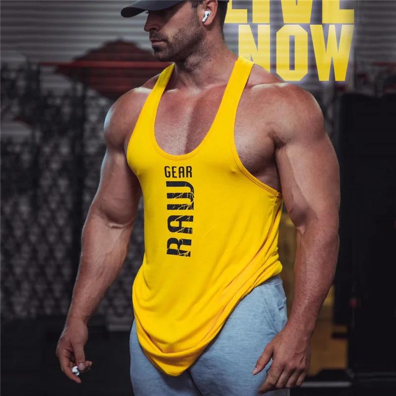 Nouveaux hommes coton débardeurs gym fitness muscle chemise sans manches mâle impression maillot de
