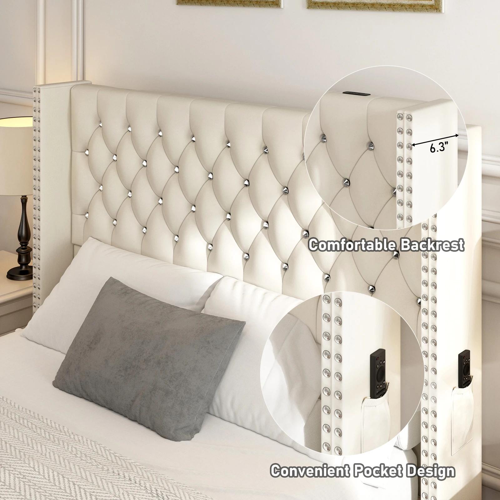 Cadre de lit capitonné à LED Queen avec planche de sauna à oreilles, bouton en velours et diamant, p