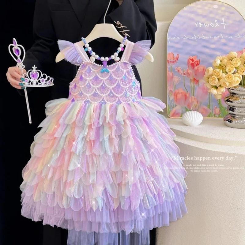 Une robe de sirène douce et adorable pour filles en violet clair, tenue de fête scintillante et colo