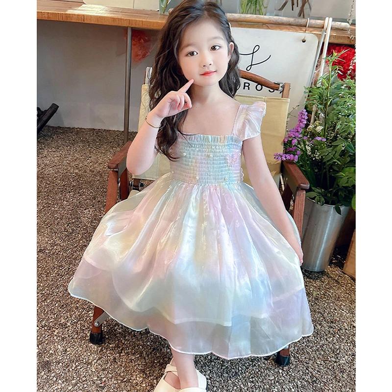 Robe princesse d'été pour filles de 1 à 8 ans, jolie robe en maille dégradée arc-en-ciel avec décora