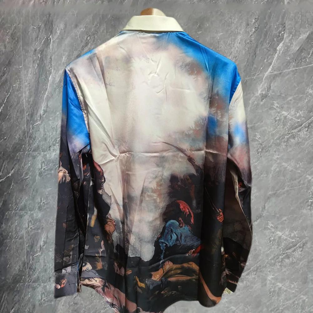 Dégradé Art abstrait imprimé manches longues haut Streetwear Chemise sociale Hip Hop Chemise hawaïen