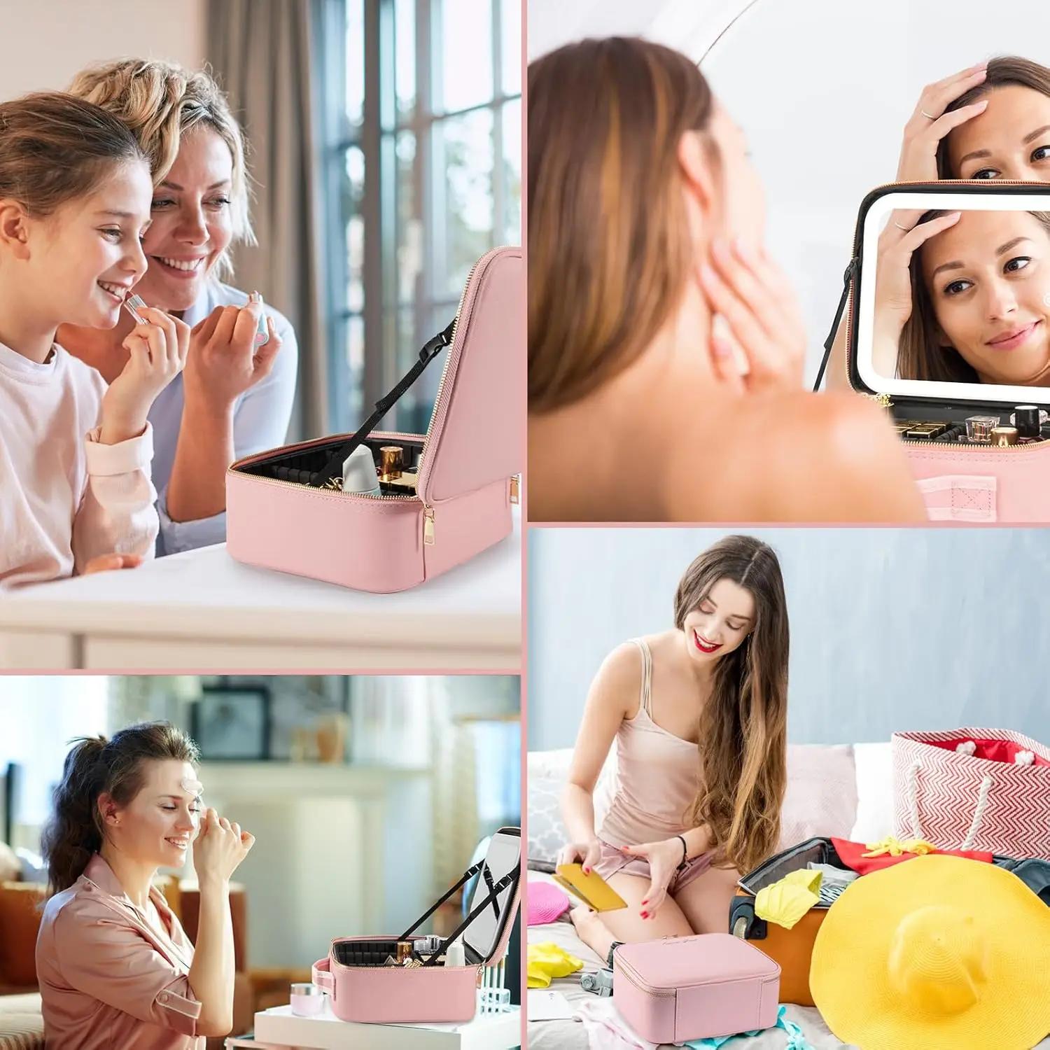 Trousse de maquillage avec miroir LED, grande mallette de voyage, organisateur de cosmétiques, sacs