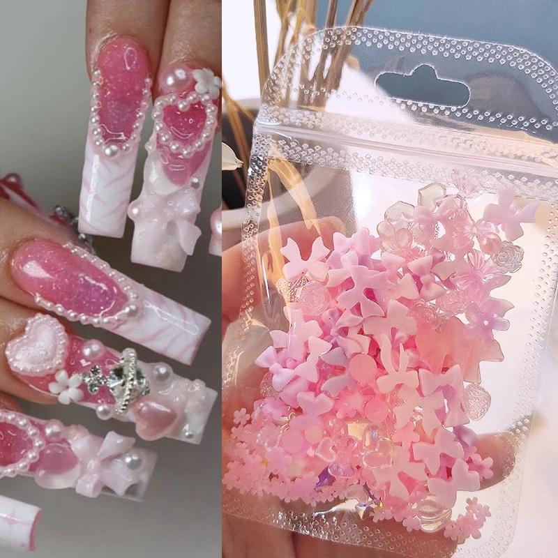Mélange de ruban transparent en gelée colorée, 1 sac, breloques pour ongles, cœur, perles, fleur, pi