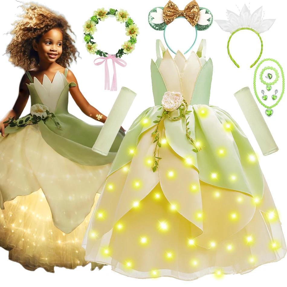 Tiana fantaisie filles princesse Costume enfant carnaval robe Cosplay Floral LED éclairer vêtements