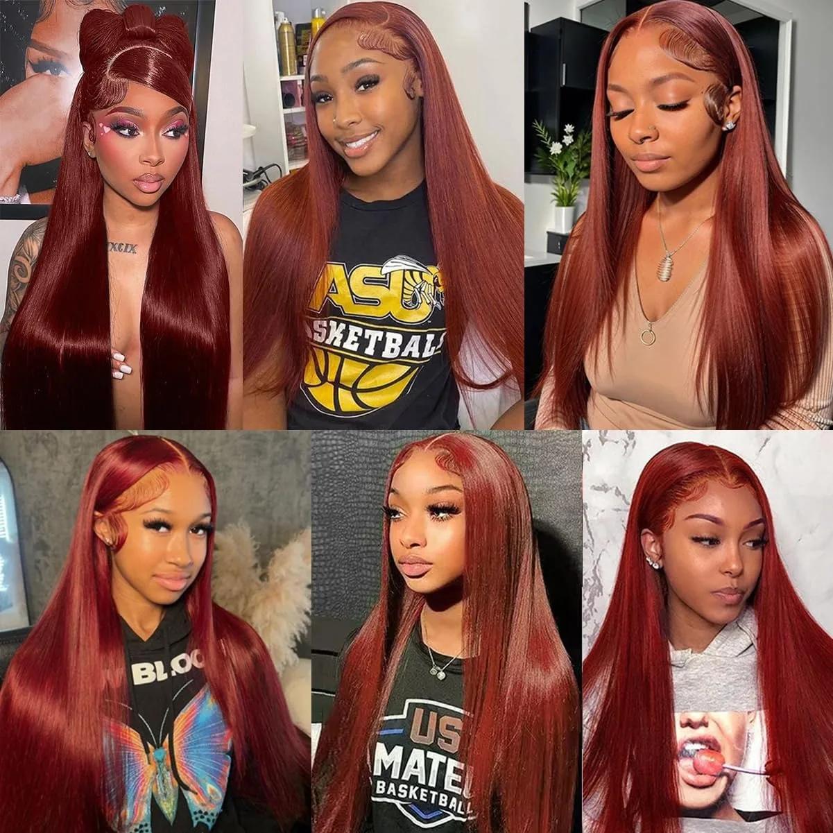 Perruque Lace Front Wig Brésilienne Naturelle Cheveux Lisses, Brun Rousse, Auburn, Cuivre, 13x6, Den