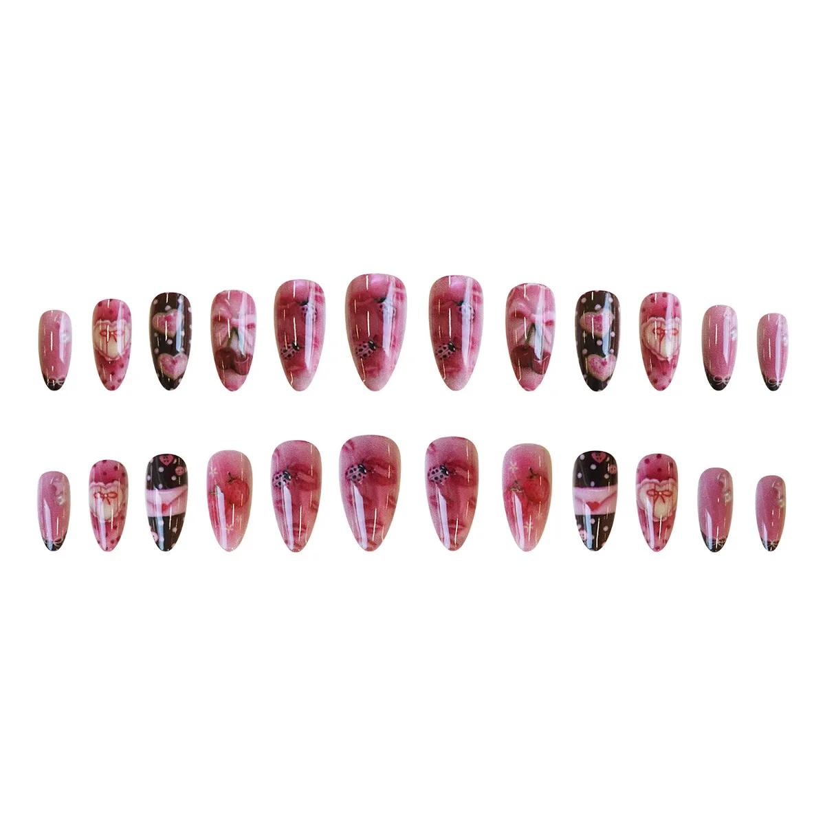 24 pièces lettre douce presse sur ongles mignon cerise nœuds papillon coccinelle fraise décor faux o