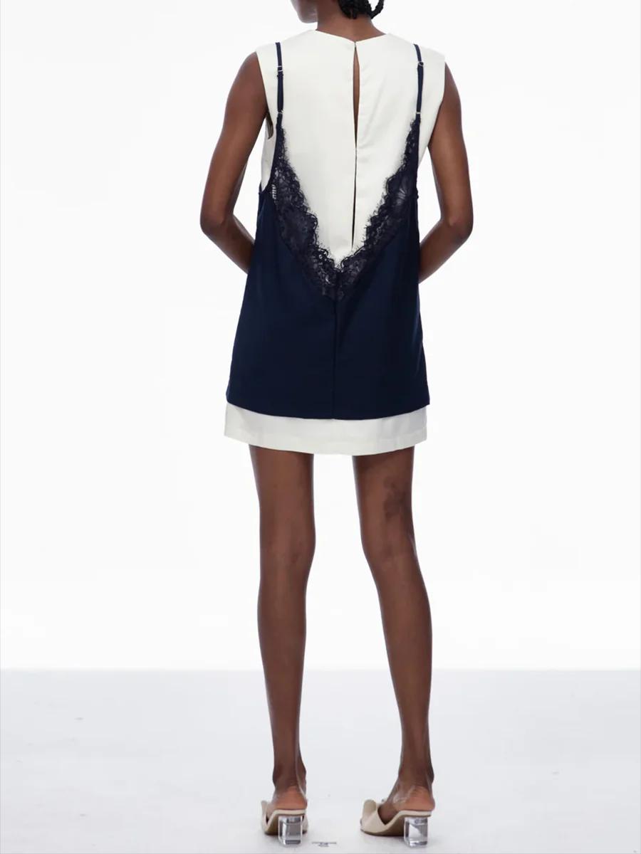 TWOTWINSTYLE Hit couleur épissé dentelle robes décontractées pour les femmes col rond sans manches b