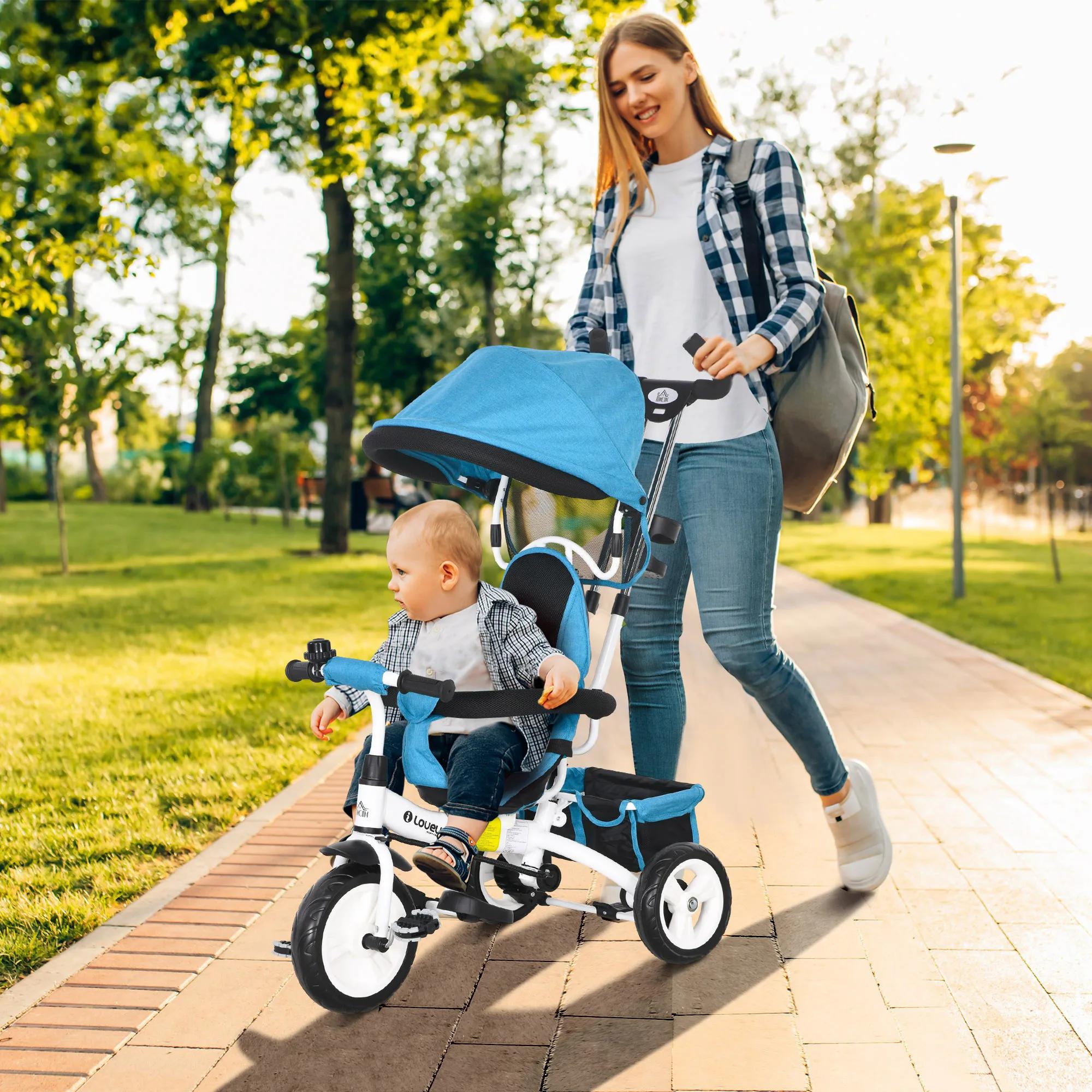 Tricycle évolutif Homcom pour enfants +12 mois avec auvent pliable, poignée télescopique et ceinture