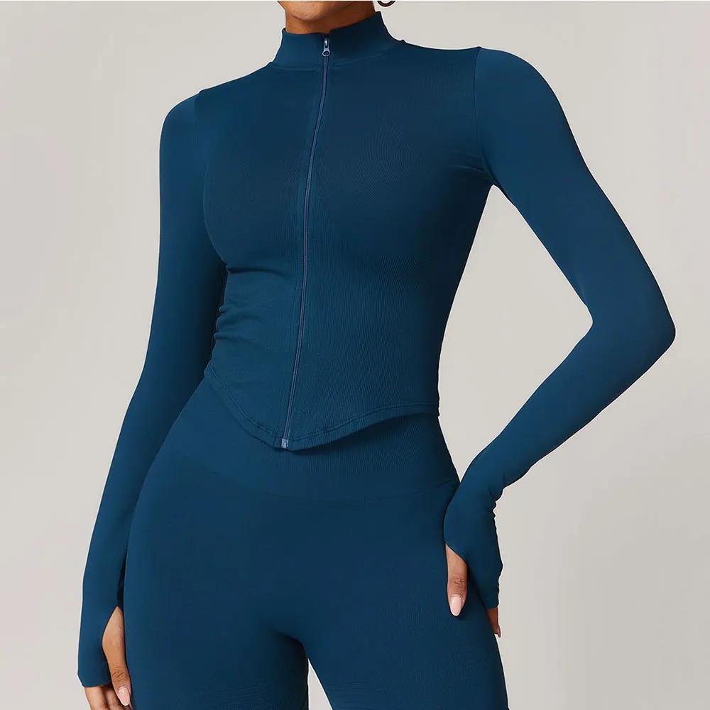 Veste à fermeture éclair pour femmes, haut court, T-shirts de Yoga, haut de Sport solide, chemises d