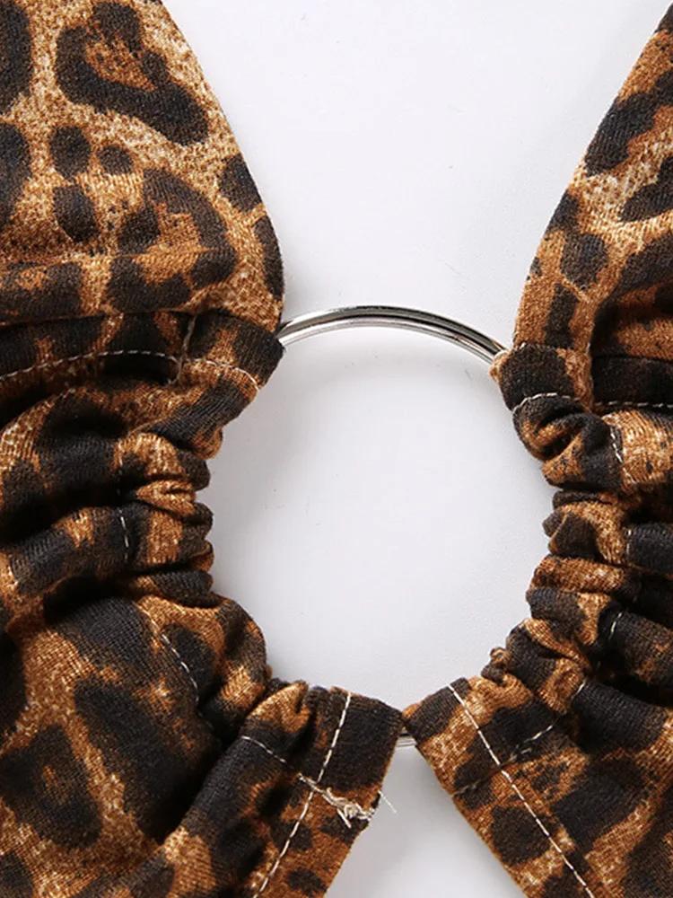 Haut court imprimé léopard pour femmes, dos nu, Bandage, lacets, paillettes, anneau en métal, détail