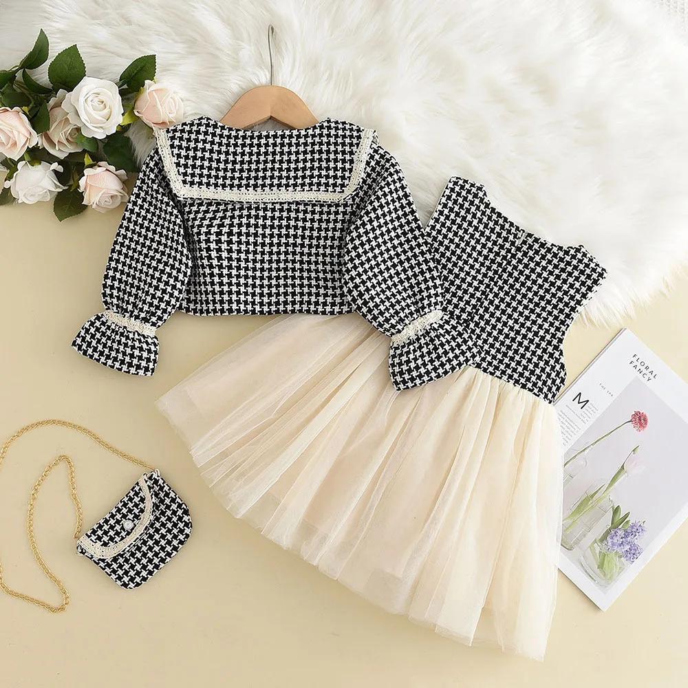 Ensemble 3 pièces à carreaux mille oiseaux pour fille – Manteau à gros revers + jupe gilet + cartabl