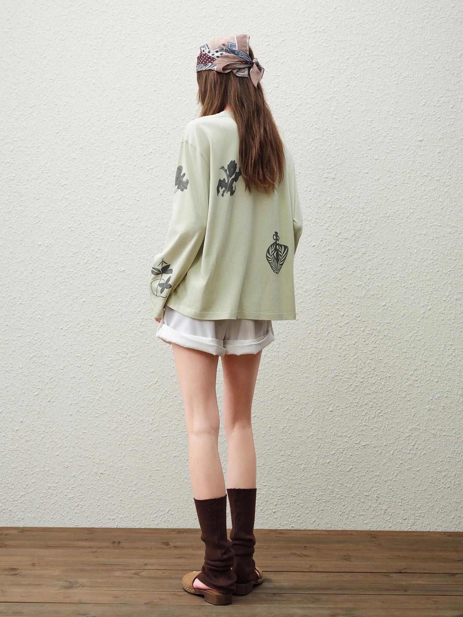 FSLE 【Série Premium】 T-shirt à manches longues pour femme en mélange de lin à imprimé botanique, nou