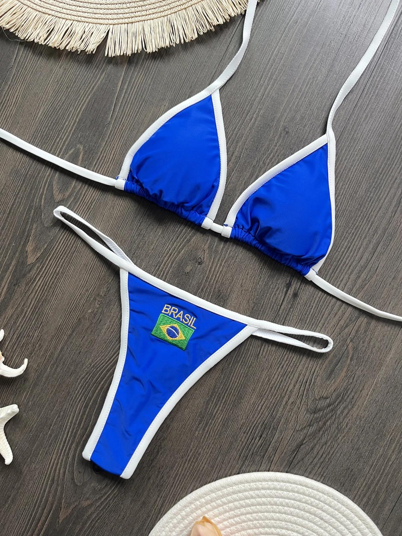 RUOTONSEPT Sexy broderie drapeau du brésil contraste fendu Bikini ensemble femmes maillots de bain P
