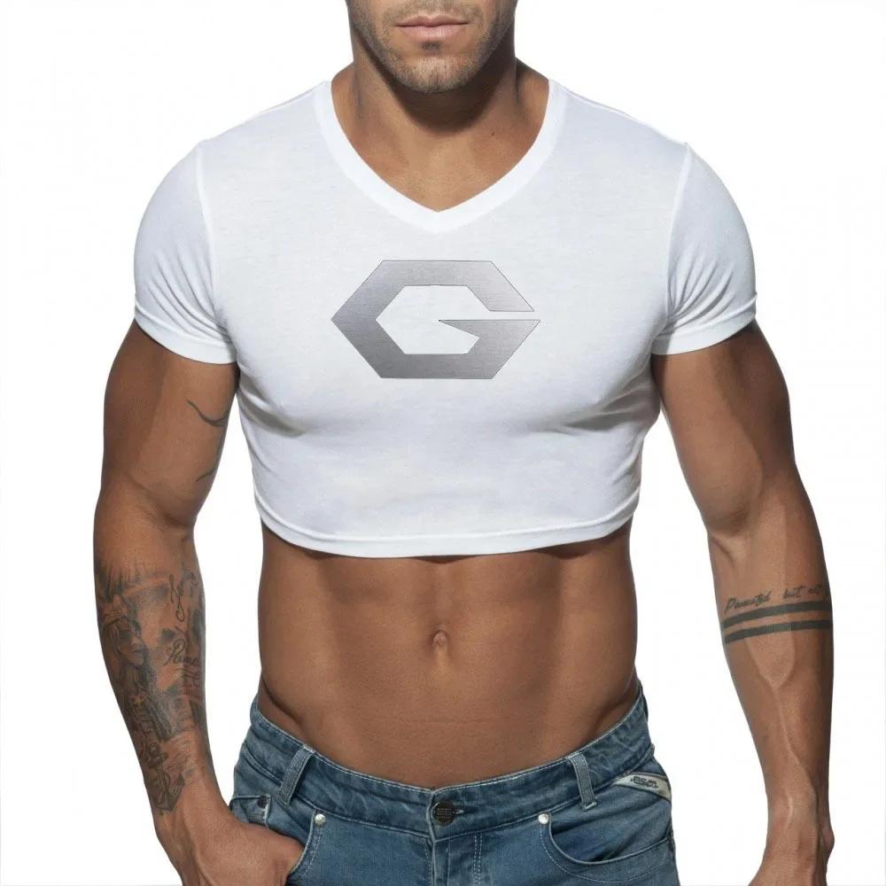 Hommes Sexy haut court coupe ajustée réservoir recadrée gilet musculaire à manches courtes t-shirt c