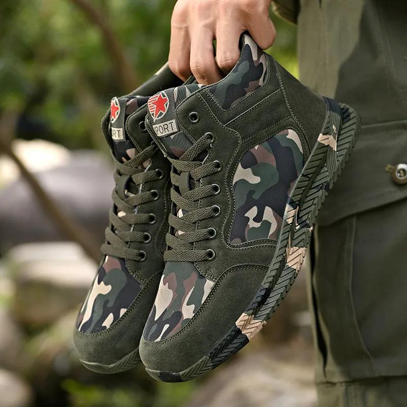 Baskets montantes en toile camouflage pour hommes, chaussures de marche décontractées à lacets, anti