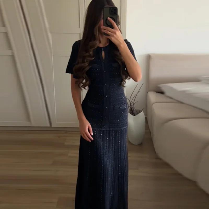 Nouvelle Robe Midi Élégante en Tweed Bleu Marine pour Femme 2026, Manches Courtes, Effet Deux Pièces