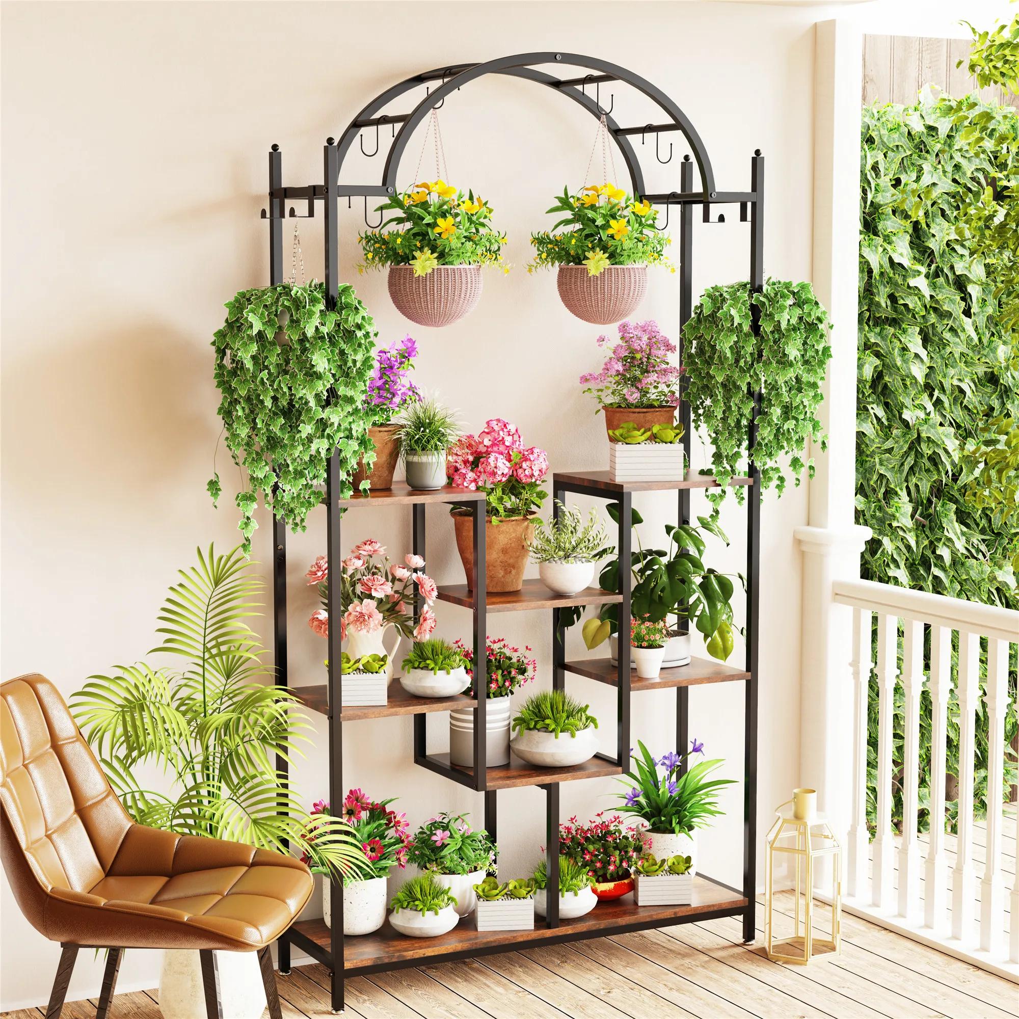 Grand support pour plantes d'intérieur à 5 niveaux, étagère à fleurs en métal arqué avec crochets de