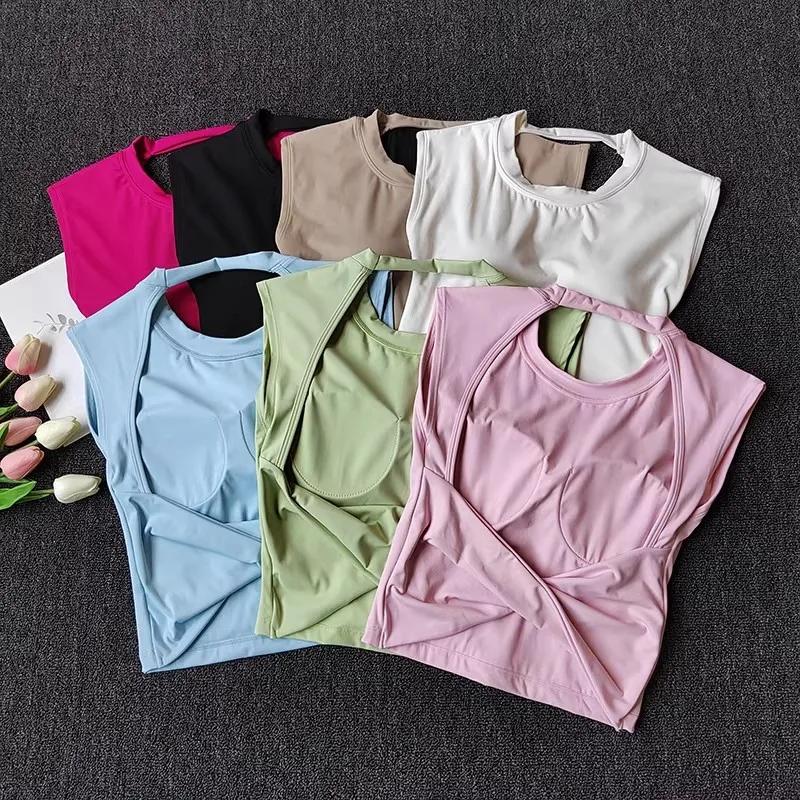 Débardeur de sport pour femme, coupe ajustée, dos ouvert, avec bonnets fixes intégrés, respirant, po